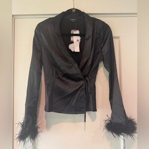 Vici Black Satin Wrap Jacket with Feather Cuffs